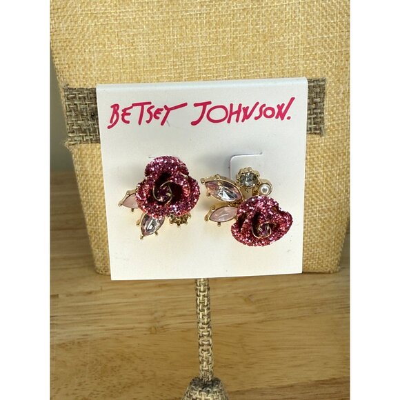 Betsey Johnson Rose Crystal Stud Earrings With Pink Glitter Accents & Gold-Tone - Picture 11 of 13